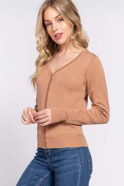 Khaki V-Neck Button Down Long Sleeve Soft Knit Rayon Cardigan